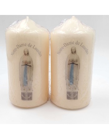 Set of two candles bearing the effigy of Our Lady of Lourdes