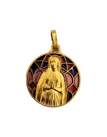 Médaille Vierge Notre Dame de Lourdes - dorée - fond vitrail rouge / rose18 mm