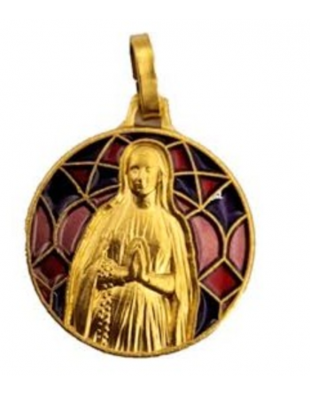 Medaglia Vergine Nostra Signora di Lourdes - dorata - sfondo vetrata rossa/  rosa -18 mm