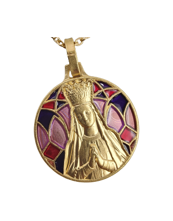 Medal Virgin Crowned of Lourdes - gold - red/ pink stained glass background -...