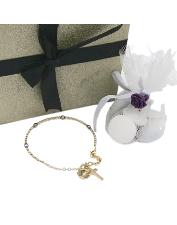Bracelet chapelet perles dorées et gris nacré