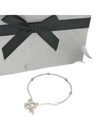 Chapelet bracelet en perles argentées et gris nacré