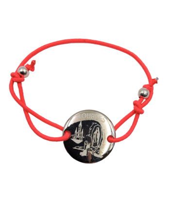 Bracelet élastiqué avec médaillon de l'Apparition - gravé au laser - rose fluo