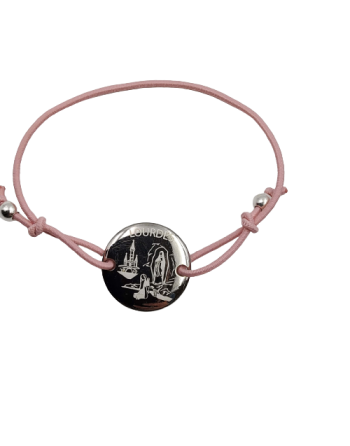 Bracelet élastiqué avec médaillon de l'Apparition - gravé au laser - rose pale
