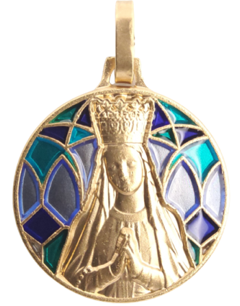 Medalha da Virgem Coroada de Lourdes - dourada - fundo de vitral azul