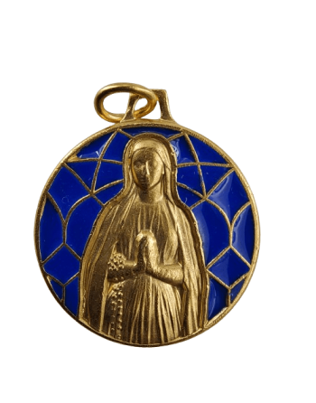 Our Lady of Lourdes Virgin Medal - golden - blue/green stained glass...