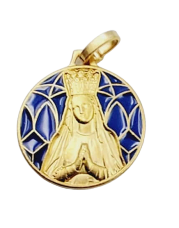 Medal of the Crowned Virgin of Lourdes - gilded - blue stained glass background