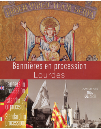 Lourdes - Banners in procession (FR-GB-IT-SP)